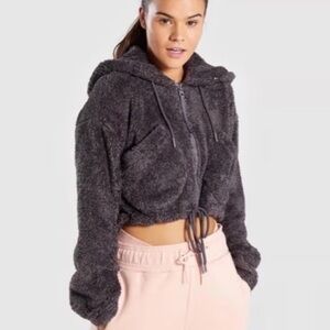 GymShark Black Fuzzy Zip-Up Cozy Cropped Hoodie XS